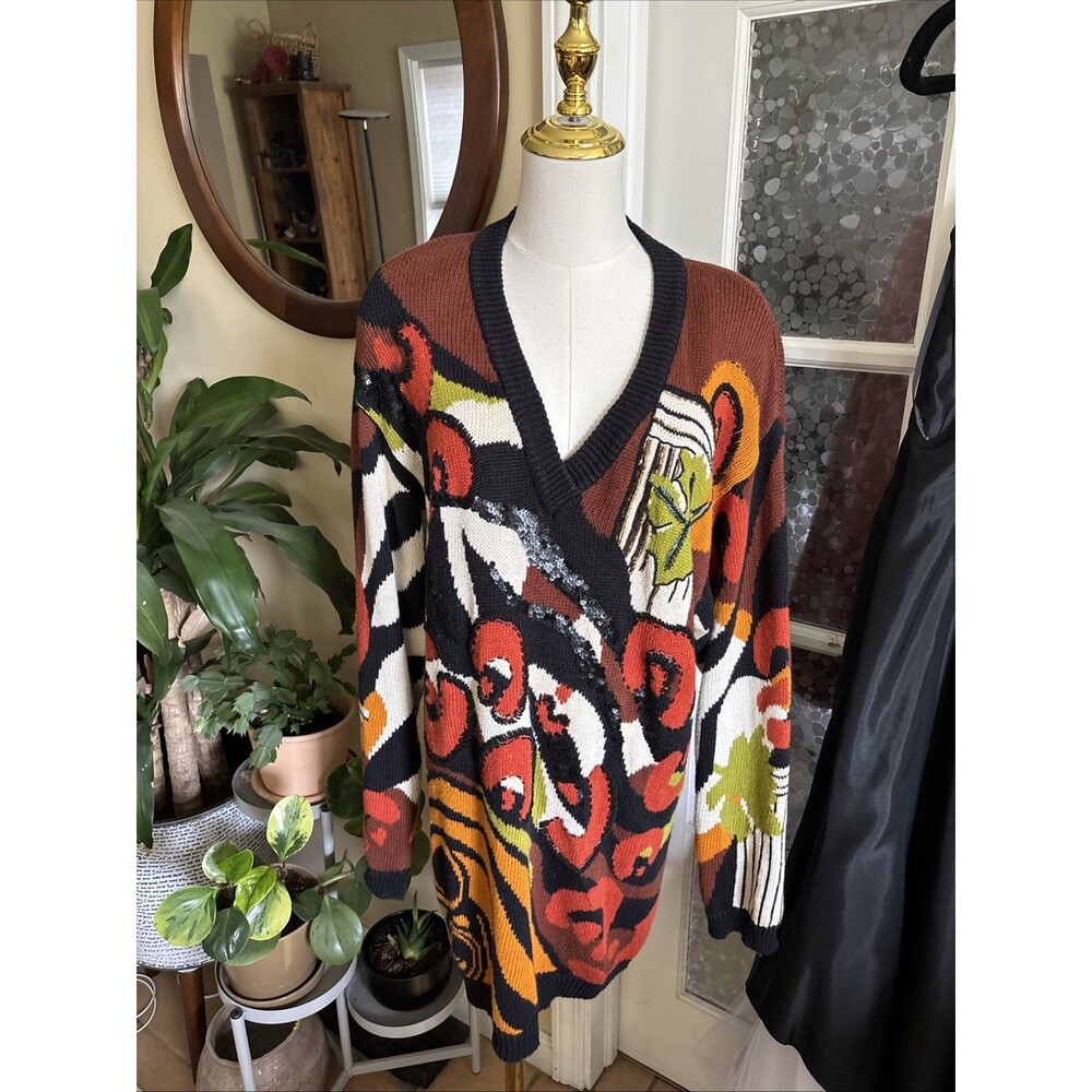 Vintage 90s IB Diffusion Sweater Oversized Knit Fall Sz M 1993 Abstract